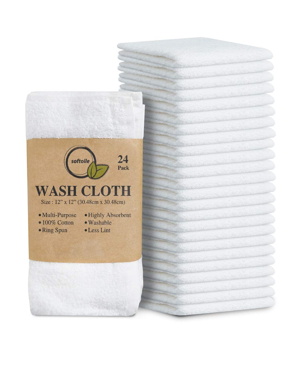 Softolle 100% Cotton Ring Spun Wash Cloths – Bulk Pack of Washcloths – 12x12 Inches – Wash Cloth for Face, Highly Absorbent, Soft and Face Towels (White, 24 Pack)