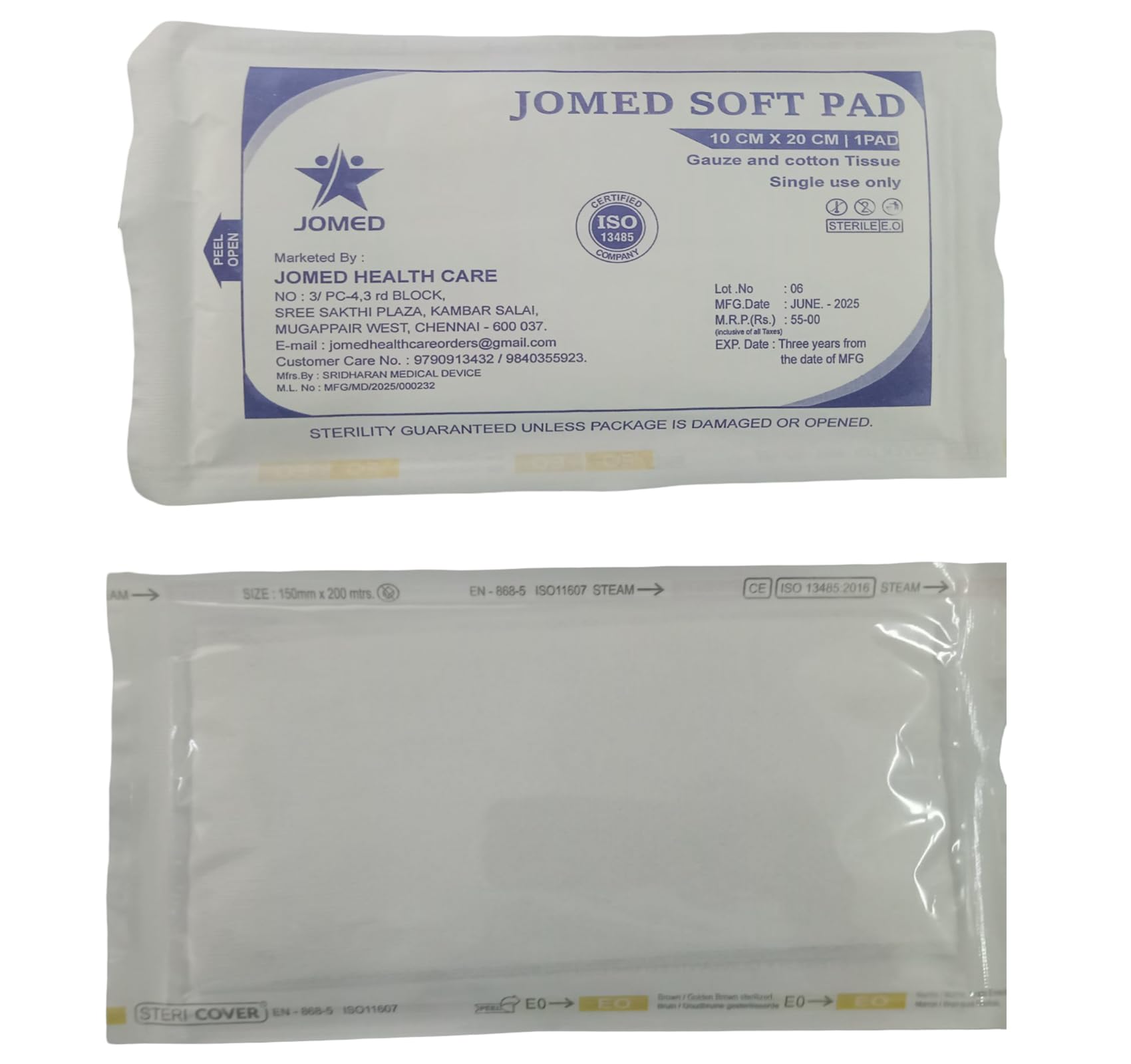 JOMED - Cotton Gauze Soft Pad sterile 1 pad Size : 10 X20 cm - (Pack of 08)