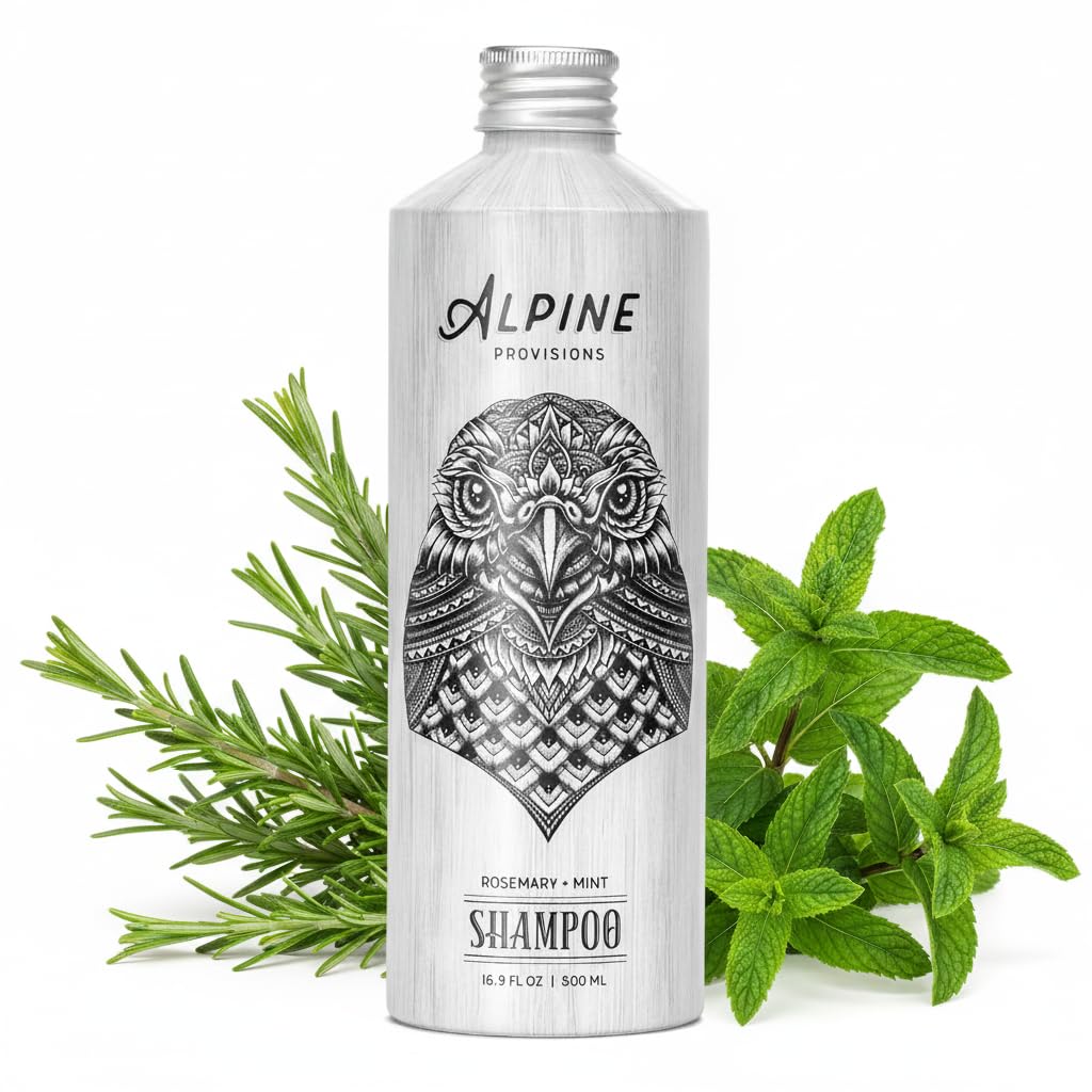 Alpine Provisions (Rosemary + Mint, Shampoo) - Organic Shampoo, Rosemary + Mint, 500ml Plastic-Free Aluminium Bottle