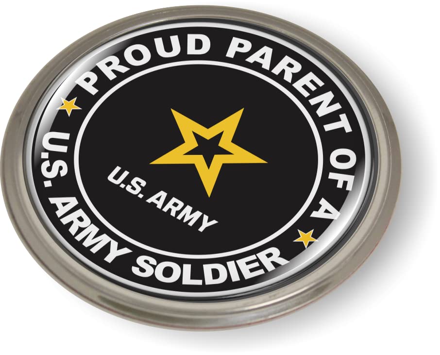 Image of Proud Parent of a U.S. Army Soldier CAR Emblem Badge Sticker Aluminum Bezel | Official U.S. Army Licensed Product, 3D Domed, Semi-Flexible, made by BestLicensePlateFrames