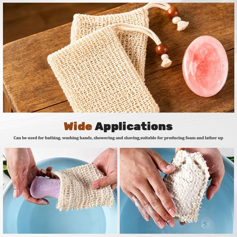 5 Pack Natural Sisal Soap Pouches, Mesh Surface Creates Rich Foam and Gently Exfoliates Skin, Drawstring Design Secures Soap Tightly, Compact for Daily Shower and Travel
