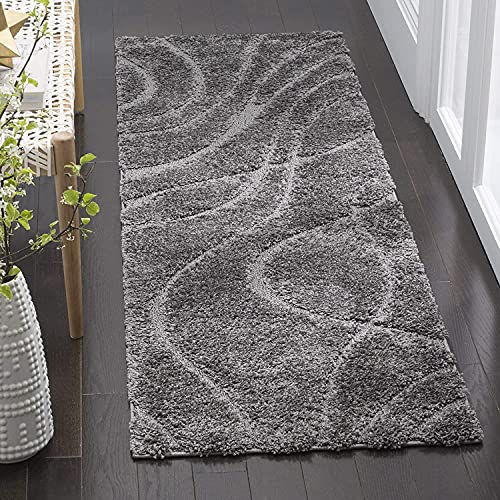 Image of (Pack of 2 Geometric Wave Shaggy Carpet for Living Room, Bedroom, High Low Design Finish Microfiber 2 in Pile High, 1.6x5 Feet Runner Grey|Grey Color