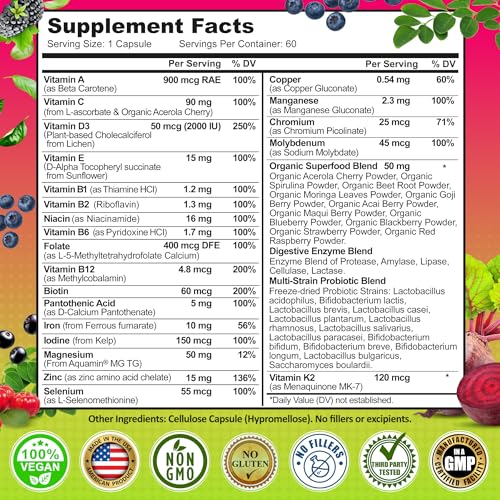 Image of Women's Daily Multivitamin with Iron - Vegan Methylated Multivitamin for Women with Biotin, Organic Superfoods, Probiotics, B-Complex - Energy, Gut & Optimal Health Support - Easy to Swallow Capsules
