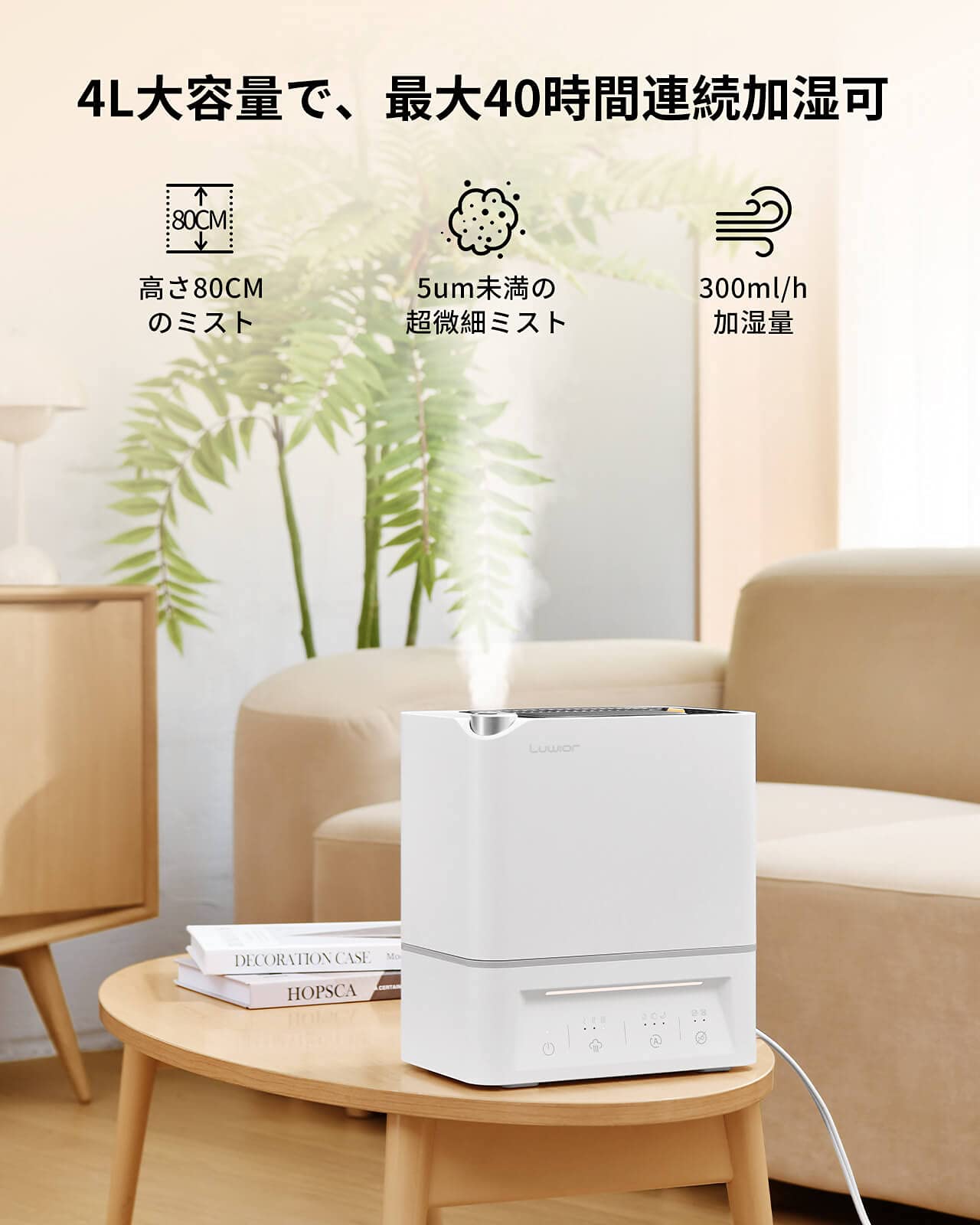 加湿器 卓上 除菌加湿器Luwior 電解水除菌 超音波加湿器 大容量 4L