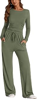 Women's 2 Piece Outfits Fall Tracksuits Long Sleeve Crop Tops Wide Leg Pants Spring Matching Lounge Travel Sets