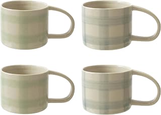 Creative Co-Op Stoneware Grid Pattern Mug Set, Cream and Green, Set of 4