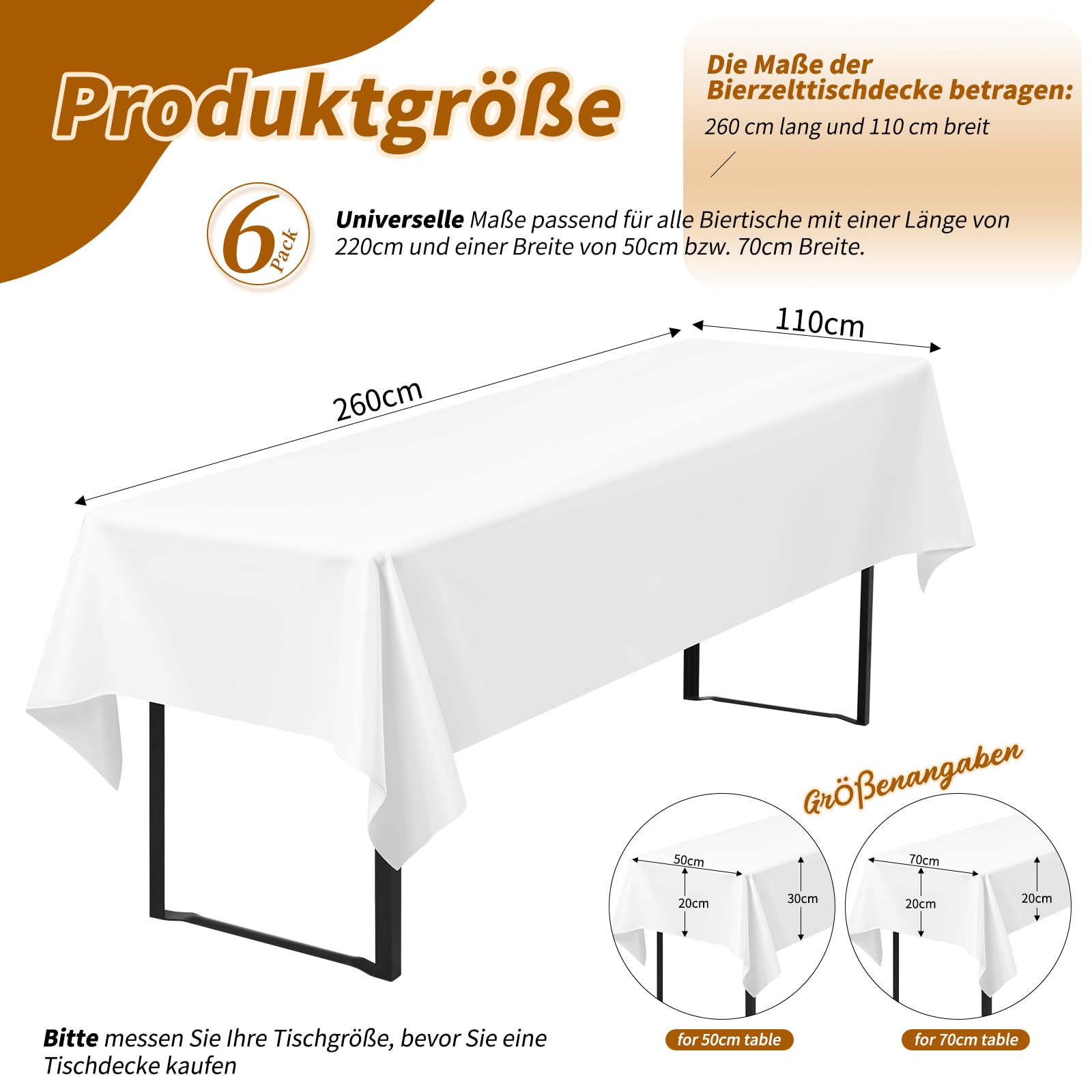 6er-Pack Biertisch Tischdecke, weiße Biertischdecke, 260 x 110 cm, Bierzeltdecke, strapazierfähige Polyester-Tischdecke, waschbare Tischdecke für Gartenparty, Geburtstagsfeier oder Grillparty (weiß)