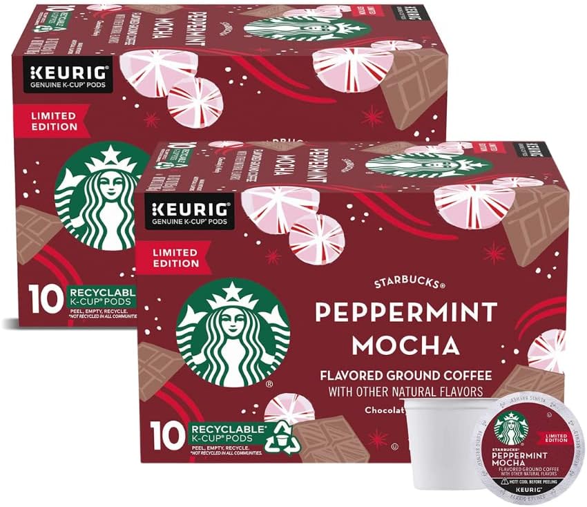 Starbucks Coffee K-Cup Pods, Peppermint Mocha Flavored Coffee, Keurig Genuine K-Cup Pods, 100% Arabica Coffee, 10 CT K-Cups/Box (Pack of 2)