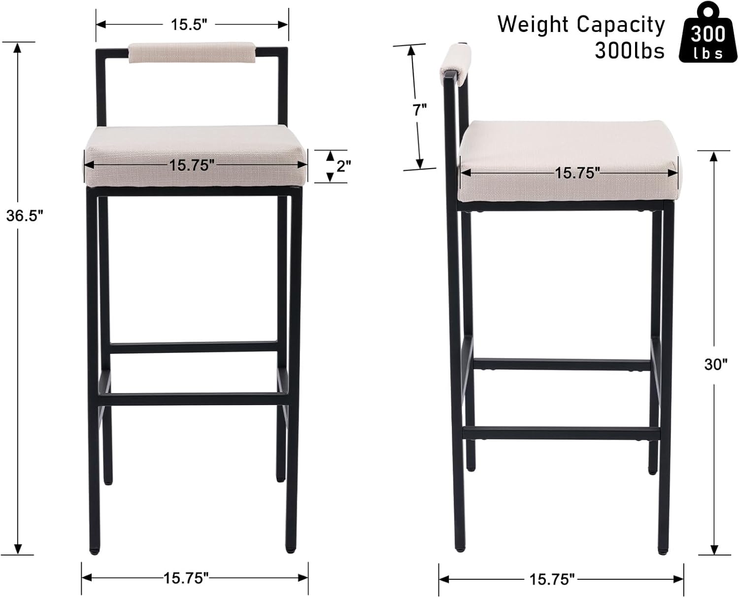 Shunzhi White Modern Bar Stools Set of 4 Upholstered Industrial Bar Height Barstools with Back/Metal Legs Square Tall Bar Chairs Linen Counter Stools for Home Bar/Kitchen Island/Pub,30 Inch