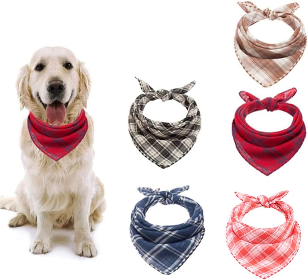 BINGPET Classic Plaid Dog Bandana - 5 Pack Washable Square Dog Kerchief Pet Triangle Bulk Scarf Cotton Bandana for Small to Large Dogs