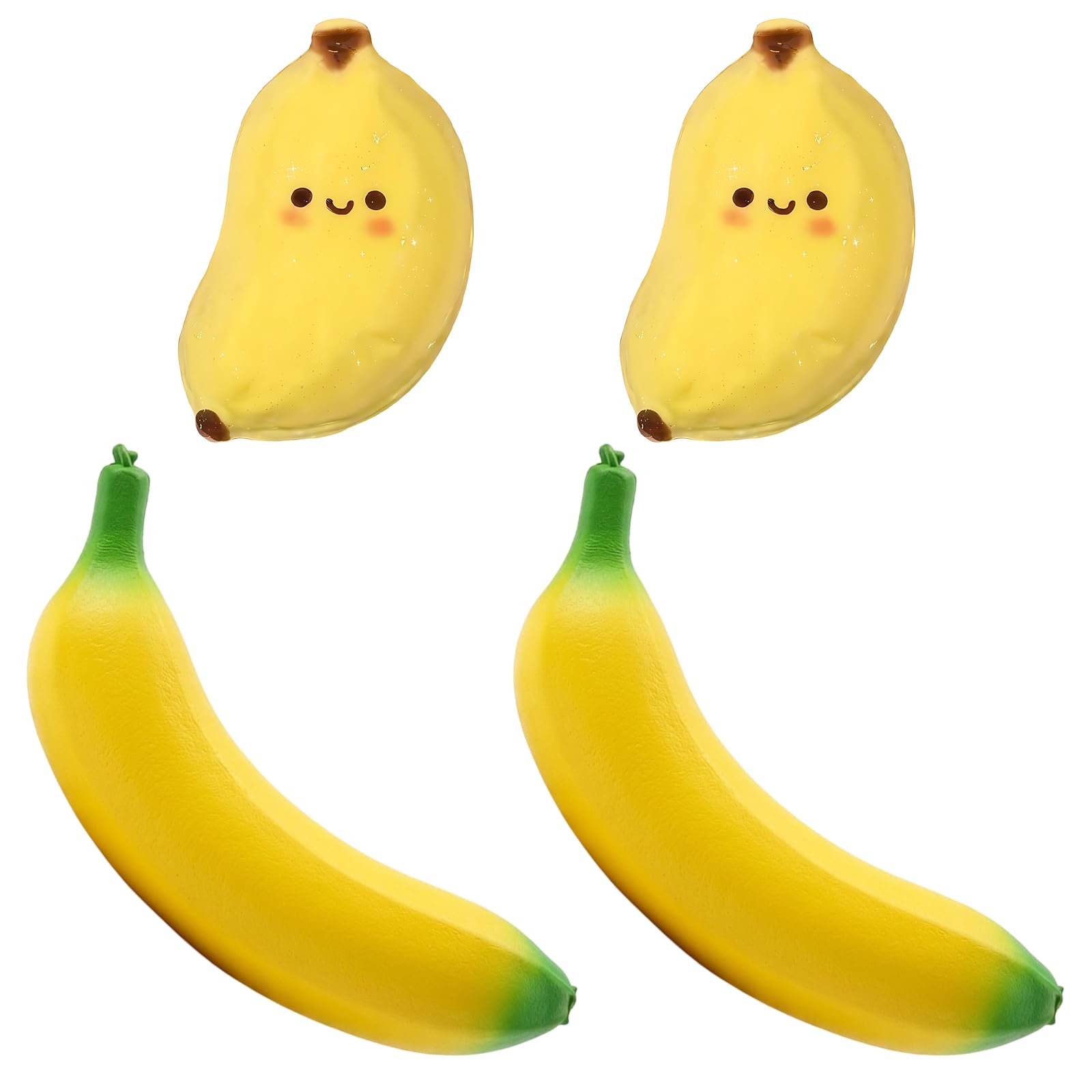 4 PCS Banana Squishy, 2 Large and 2 Small Fruit Shaped Squeeze Ornaments, Soft Sensory Banana Decorations, Slow Rising Squishy Banana for Desk Display