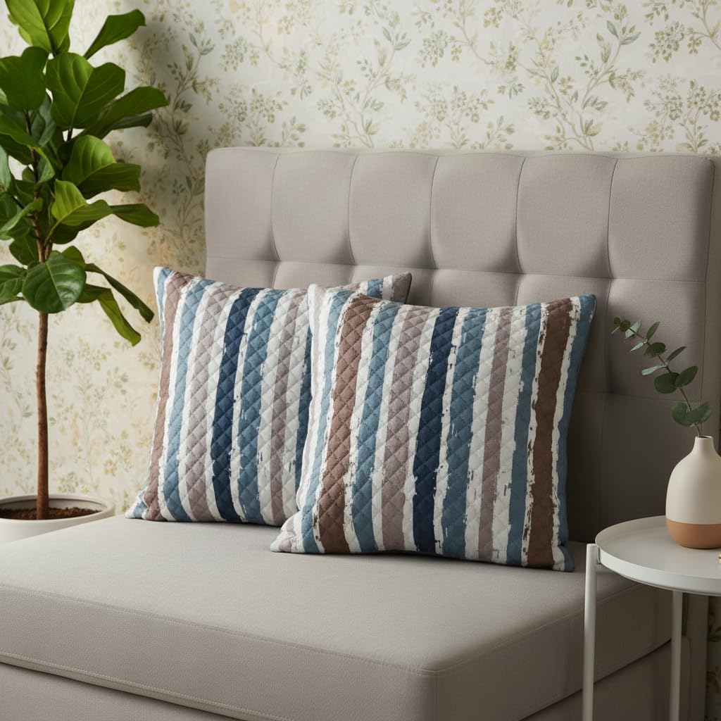 STITCHNEST 'QuadraNest' Series Printed Quilted Velvet Cushion Cover 16x16 Inch Set of 2 | Premium Soft Fabric, Washable & Fade Resistant | Decorative Living Room Cushion Covers | Blue & Beige Striped-picture-10