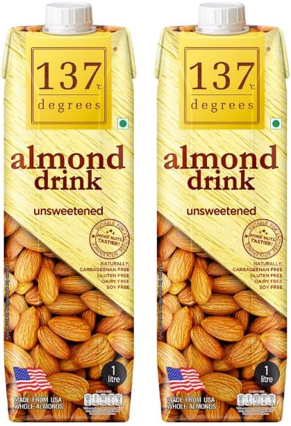 137 Degrees Almond Drink Unsweetened | Lactose Free | Gluten Free | No Preservatives | Zero Cholesterol | Dairy Free| Source of Calcium & Vitamins - PACK OF 2 (1L Each)