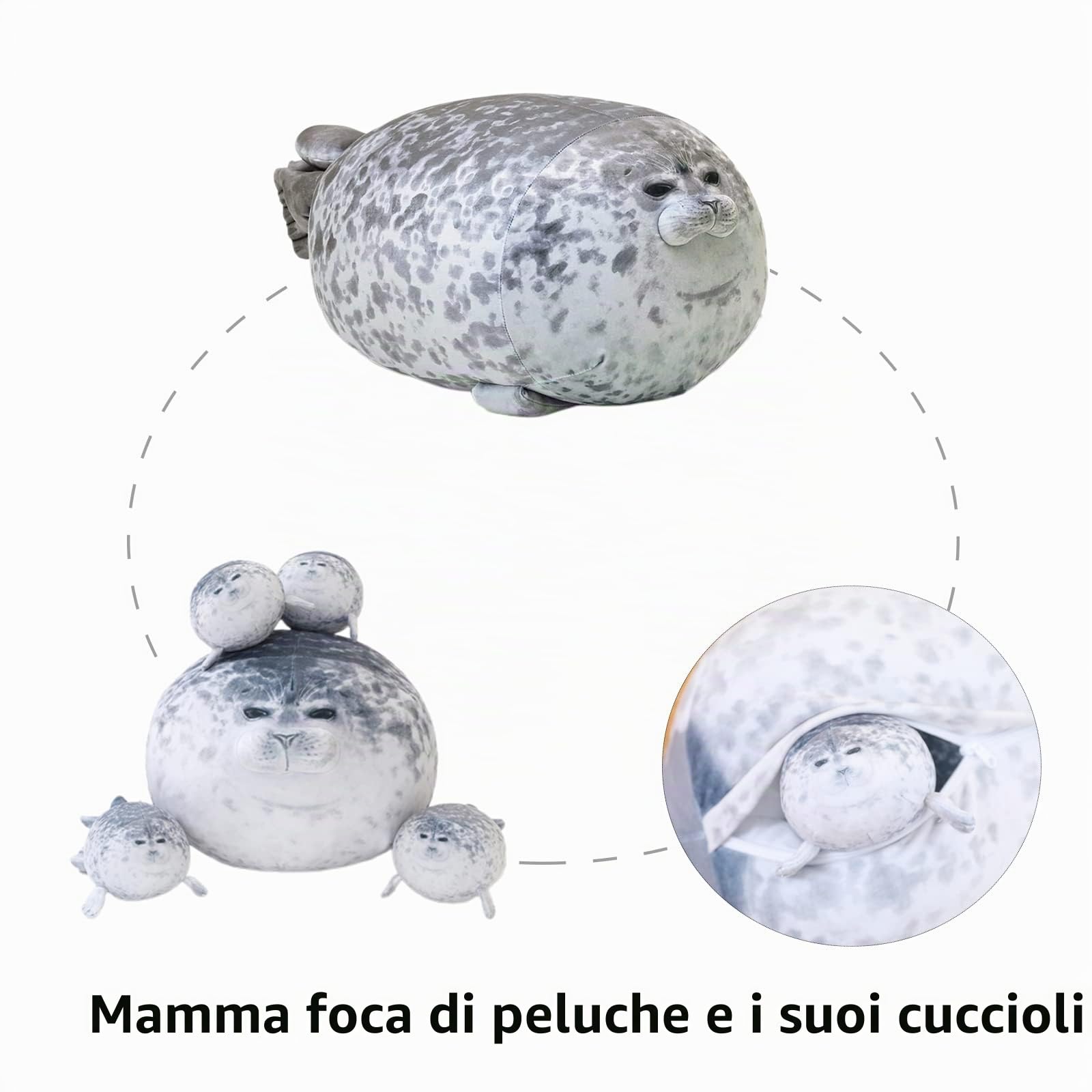 SQEQE Cuscino di peluche Chubby Seal con 4 peluche Baby foca nella pancia, giocattolo animale in cotone imbottito per bambini