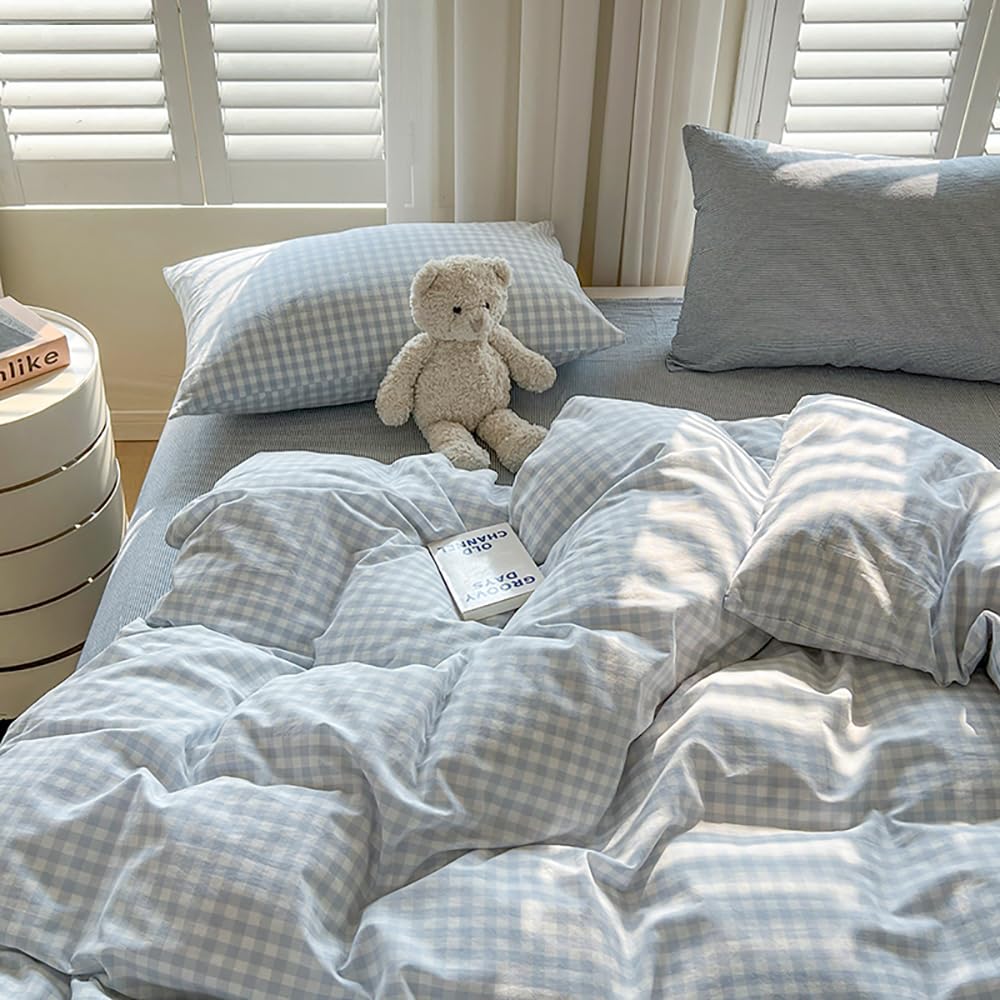 biancheria da letto, 220 x 240, in microfibra, motivo geometrico a quadri, stile country, con fantasia a quadretti, rinforzata, in microfibra lavata, copripiumino e 2 federe per cuscini da