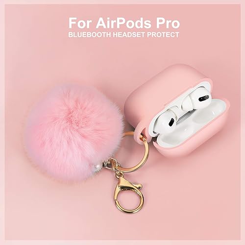 Miniatura 7 de Funda protectora para Airpods Pro de carga, funda de silicona mejorada con bola de piel suave y bonita con llavero de pompones (A, negro)