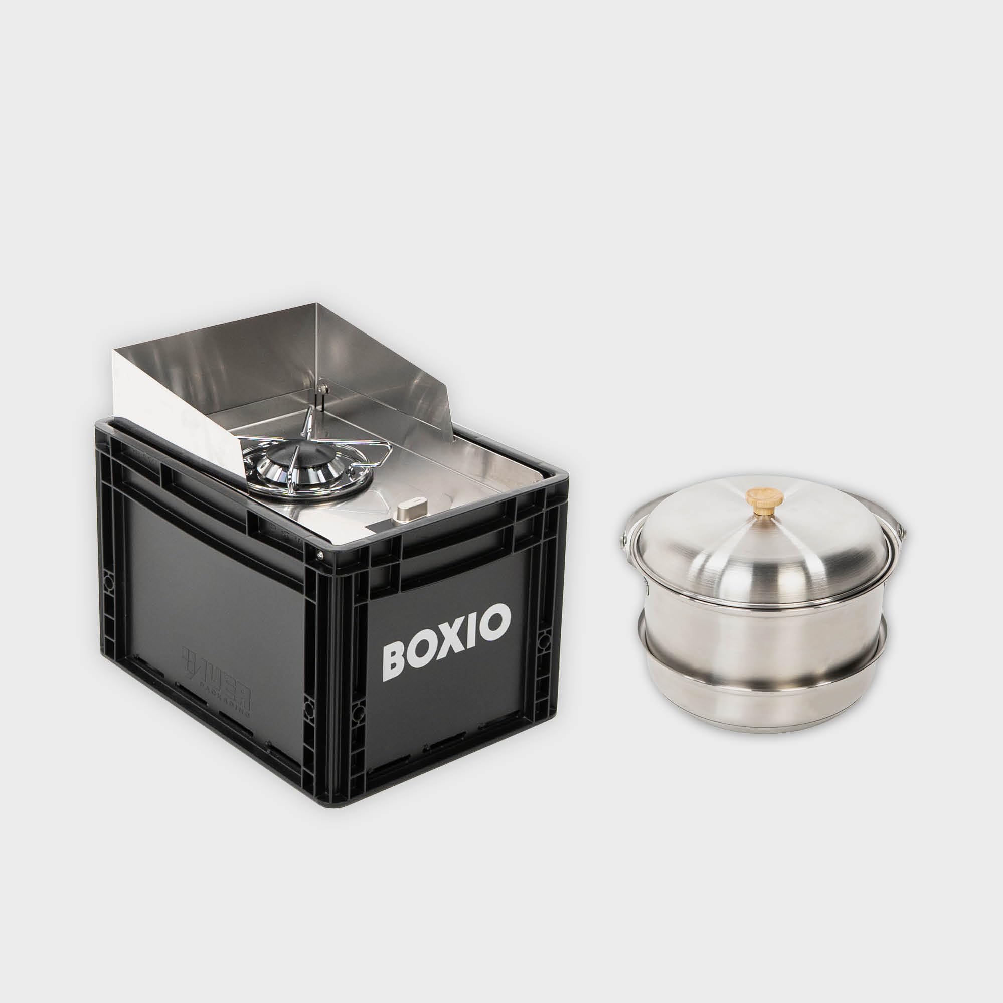 BOXIO - COOK Plus: Set di Fornello da Campeggio con Spazio di Stoccaggio, Protezione dal Vento e Set di Pentole da Campeggio, Fornello a Gas con Cartucce per Campeggio, Outdoor, Vanlife e come