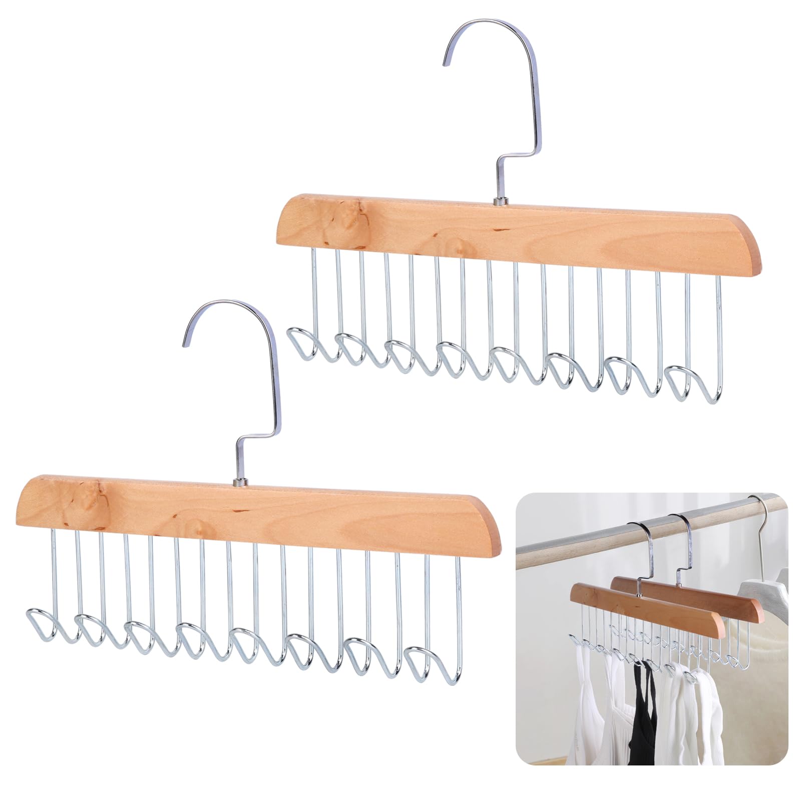 ICEBLUEOR 2 Pack Tie and Belt Hanger for Wardrobe - Anti-Slip Wooden Organiser With 8 Metal Hooks, 360° Rotating Space Saving Rack for Ties, Belts, Bras