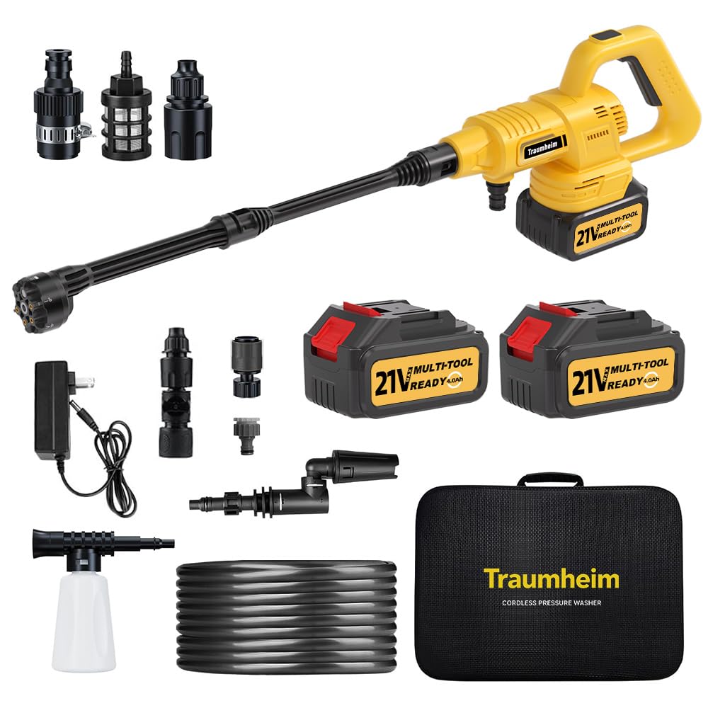 Akku Hochdruckreiniger 21V, 68 Bar, 2X 4000mAh Akkus | Bürstenloser Motor, 180°/360° Drehdüse, 6 in 1 Düse, Flaschenanschluss, Verlängerungsstange