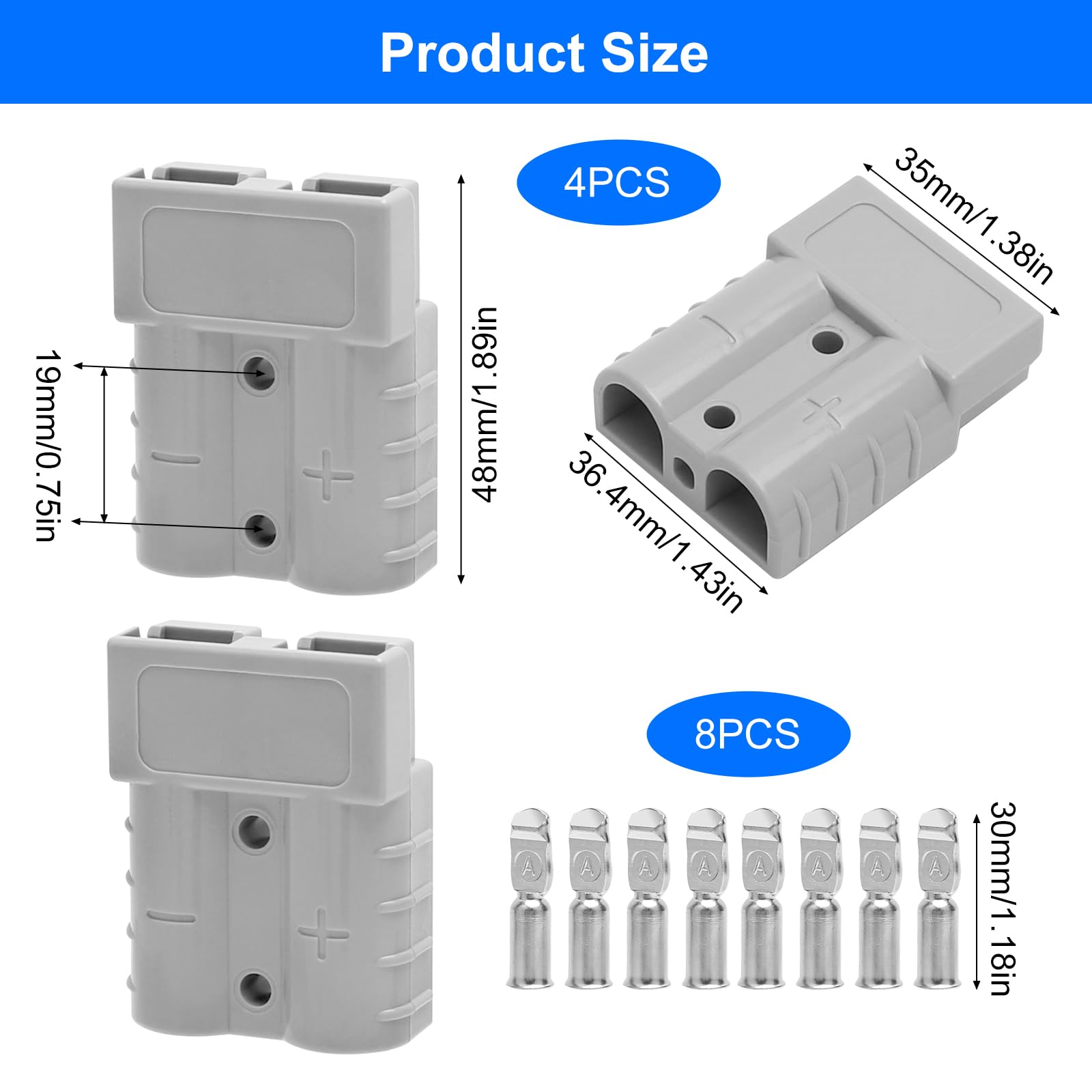 Bohaner Anderson Connettore 50A 600V Batteria Connettore a disconnessione rapida con tappi di avvio in gomma dura Connettori di alimentazione modulari Anderson Plug Quick Plug Kit (blu 50A + tappi in