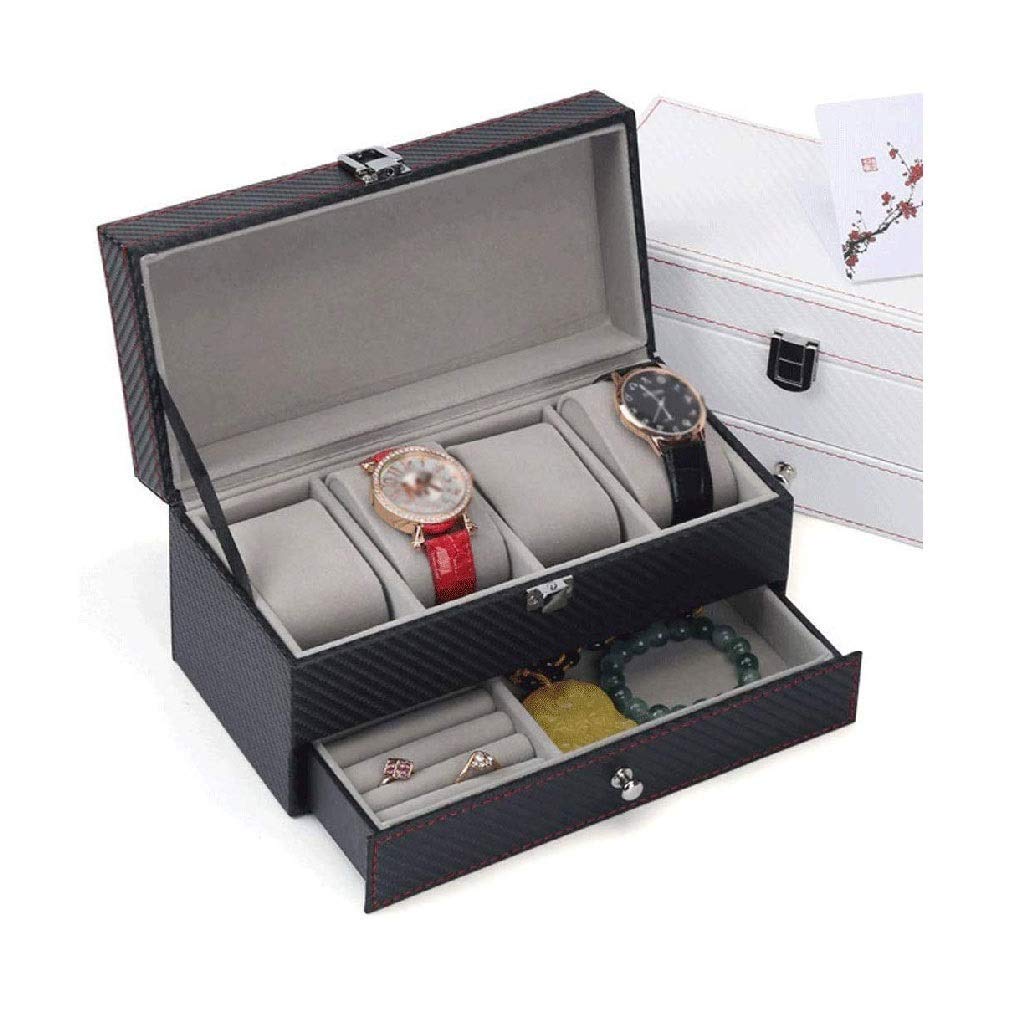 Schmuckschatulle – Uhrenbox-Organizer mit Valet-Schublade – Metallscharnier, Karbonfaser-Design, Weiß, Schwarz Present