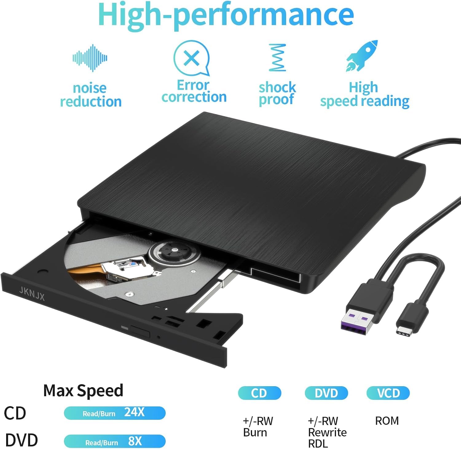 External CD DVD Drive,USB 3.0 and Type-C CD DVD Disc Reader Writer Burner Player,Slim and Portable CD DVD +/-RW Optical Drive for PC Laptop Desktop MacBook Mac Windows 7/8.1/10/11 Linux OS Apple — view 2