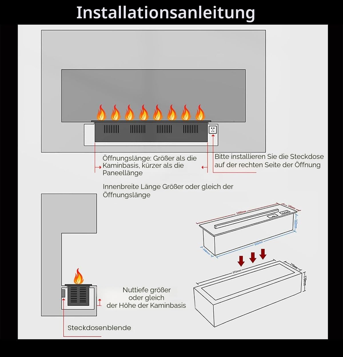 3D-Wasserdampf-Kamin, zerstäubter Kamin mit 7 einstellbaren Flammenfarben und 5 Helligkeitsstufen, gebürsteter Edelstahl, Touch/Fernbedienung, 80 cm