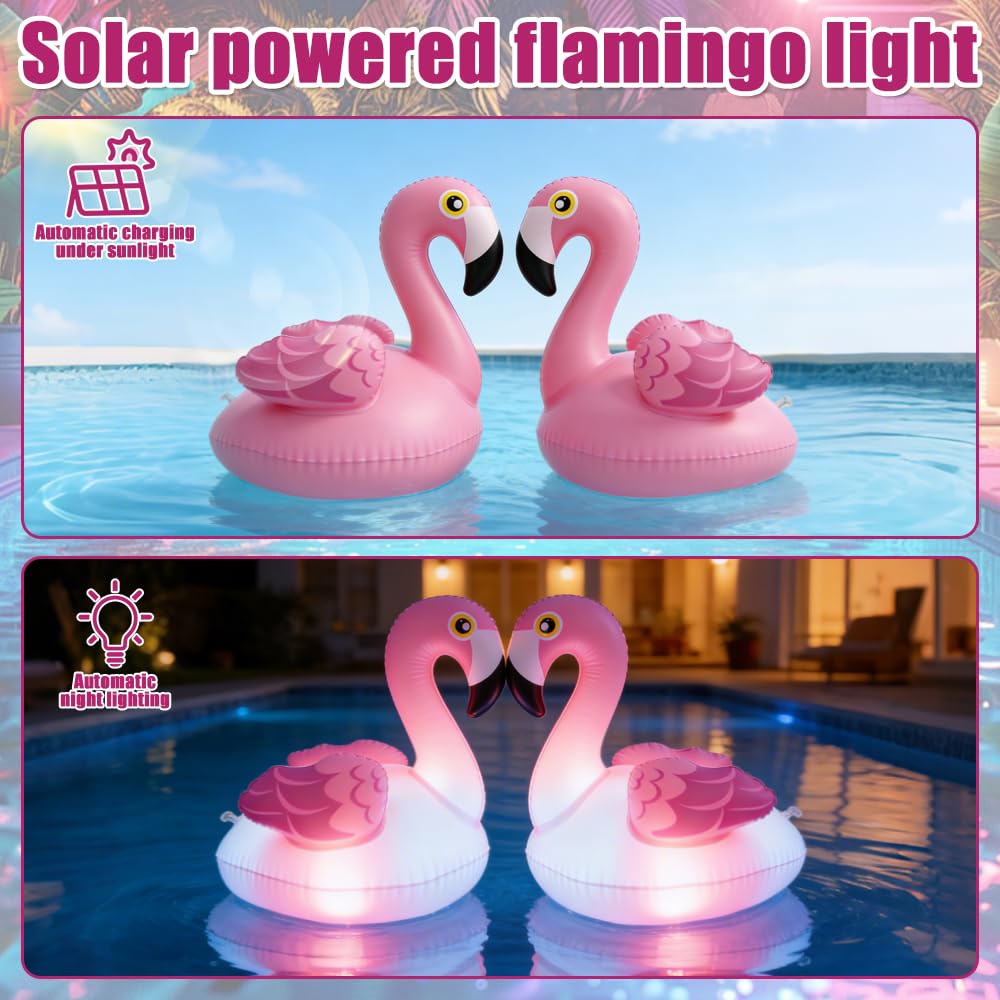 Mineup Flamingo Pool Lichter Schwimmend, 2 Stück Solar Poolbeleuchtung Schwimmend, Aufblasbare Flamingo Schwimmende, IP68 wasserdichte Solarlichter für Garten, Schwimmbad, Strand, Rasen