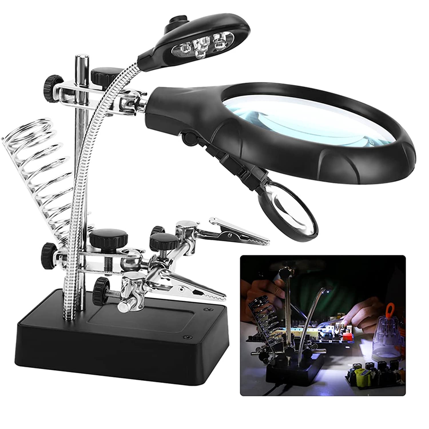 eWINNER Helping Hand Magnifier With Soldering Iron Stand Led Crocodile Clips Ac/dc Power