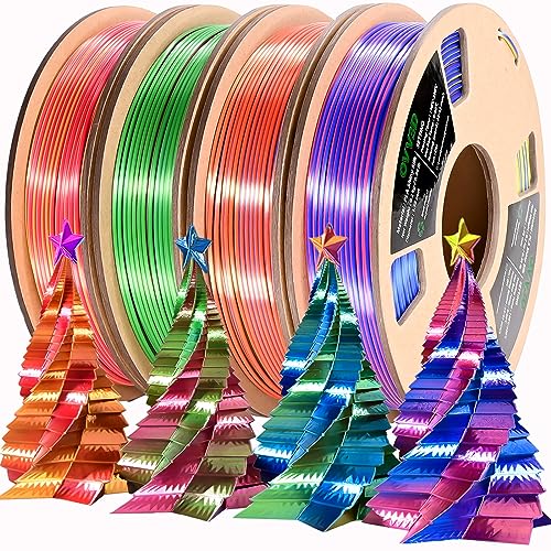 Image of PLA Filament 1.75mm, Tri-Colors 3D Printer Filament, Rainbow PLA Filament Bundle, Coextrusion 3D Filament with Silk PLA Color Change, 3D Printing Filament + /-0.02mm, 200g X 4 Spool