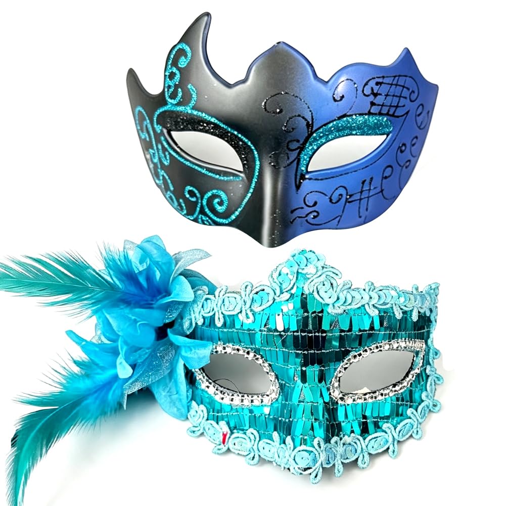 HATFRYF Couple Masquerade Masks, Feather Lace Venetian Party Mask, Halloween Costume Carnival Mask for Couples Women and Men - 2pcs/Blue — image 1