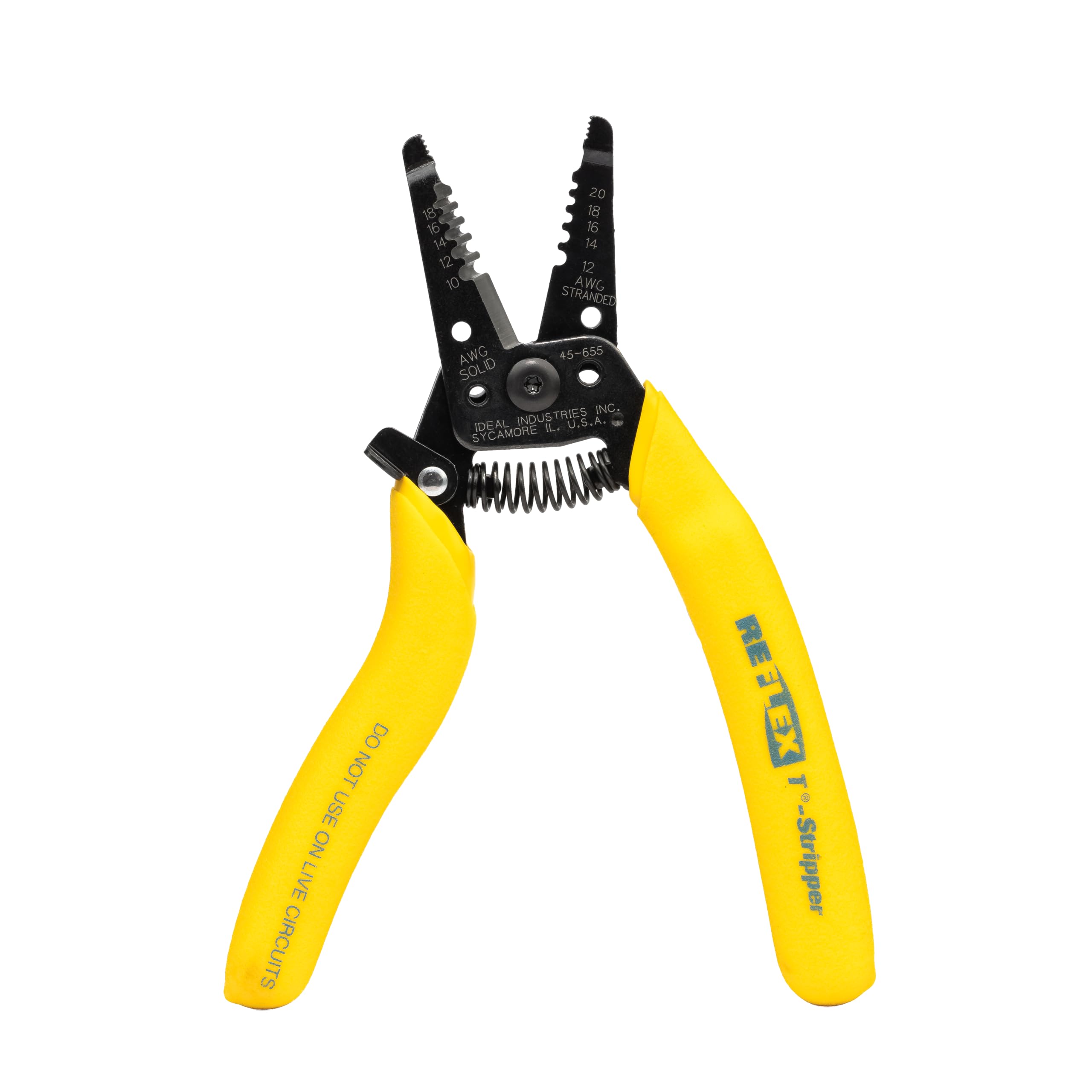 IDEAL Electrical 45-655 Reflex Super T Stripper - 10-18 AWG Solid, 12-20 AWG Stranded, Yellow, Wire Stripper, Plier Nose, Slide Lock, Textured Grips