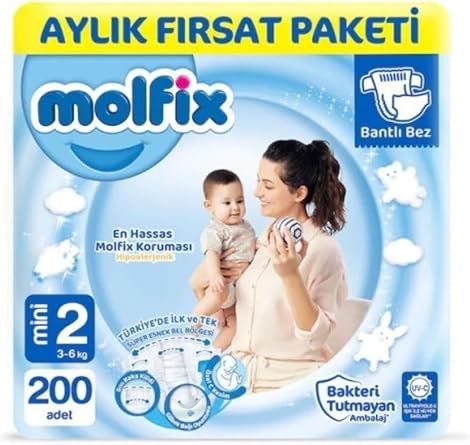 Molfix Bebek Bezi 2 Numara Mini, 3-6 kg, Ayl k F rsat Paketi, 200 Adet