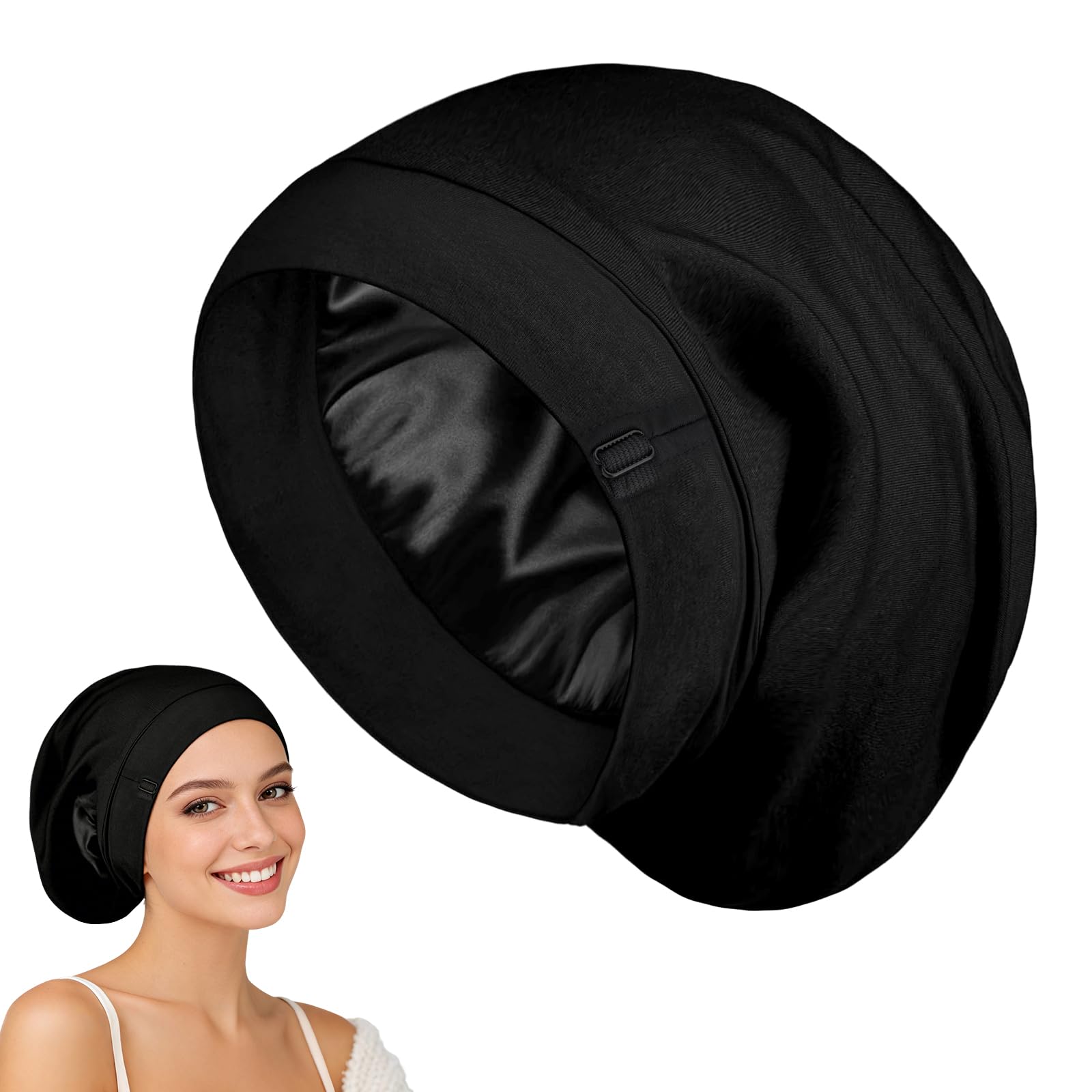 Notoke Cuffia in seta per dormire, nera satinata con fodera in seta, cappuccio per capelli ricci, cappello per dormire regolabile, per donne e ragazze, cura dei ricci di notte