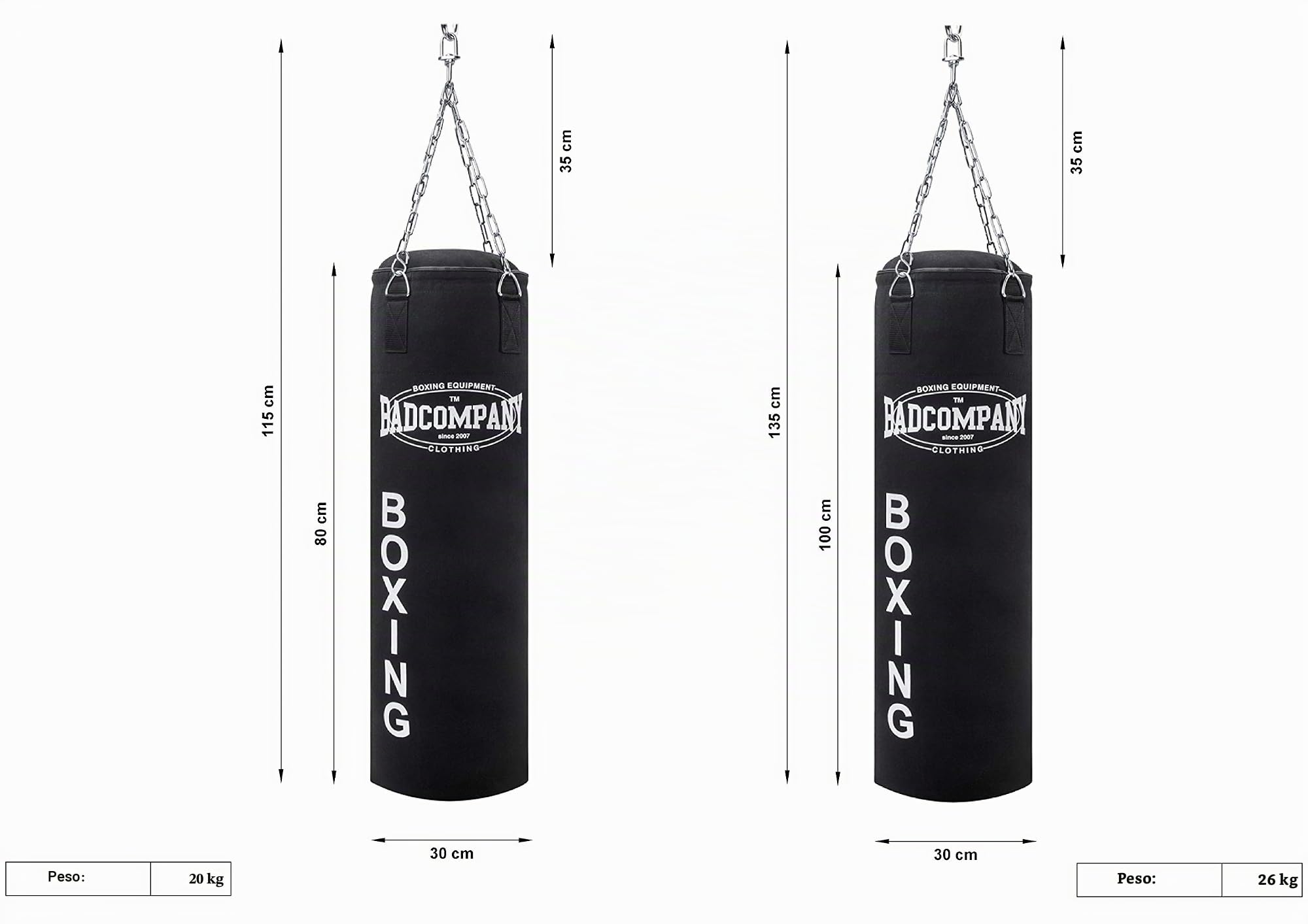 Bad Company Sacco da Boxe con Catena Heavy Duty in Acciaio I Punching Bag di Tela, Vuoto/Pieno I 80 x 30 cm – 100 x 30 cm