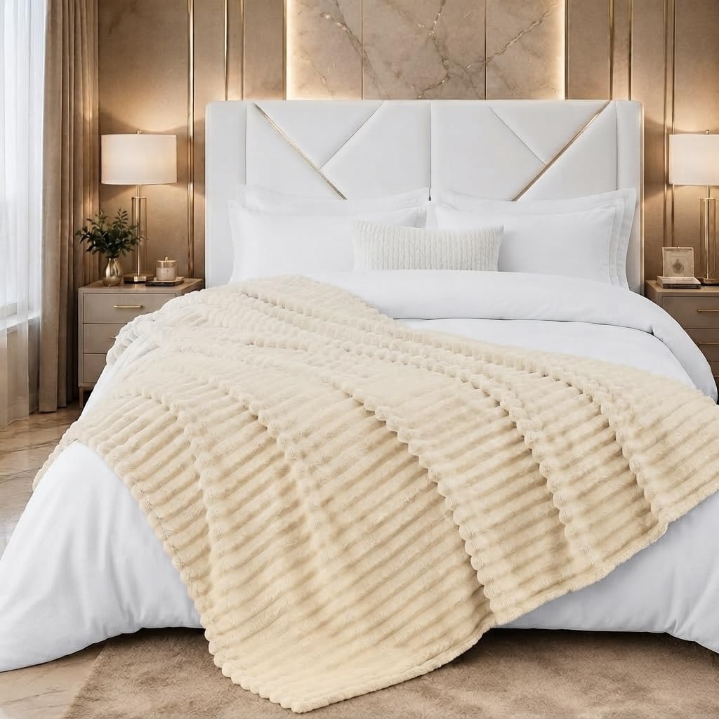 Luxury Fleece Throw Blanket for Sofa and Bed | Ultra Soft Warm Chunky Rib Popcorn Waffle Design Cozy Blankets for Living Room & Bedroom (Cream, King (200x240cm))