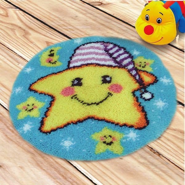 CraftsFabrics Twinkle Star Rug 60% Cotton 40% Polyester DIY Crafts Yarn Carpet Round Shape Animal Custom Latch Hook Rug Crochet Kits for Beginners Adults