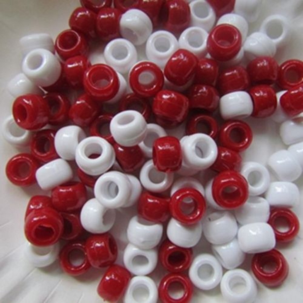Beads And Charms Red 100 X Pony Beads 9X6mm And White Festive Mix Plastic Barrel Craft Beads