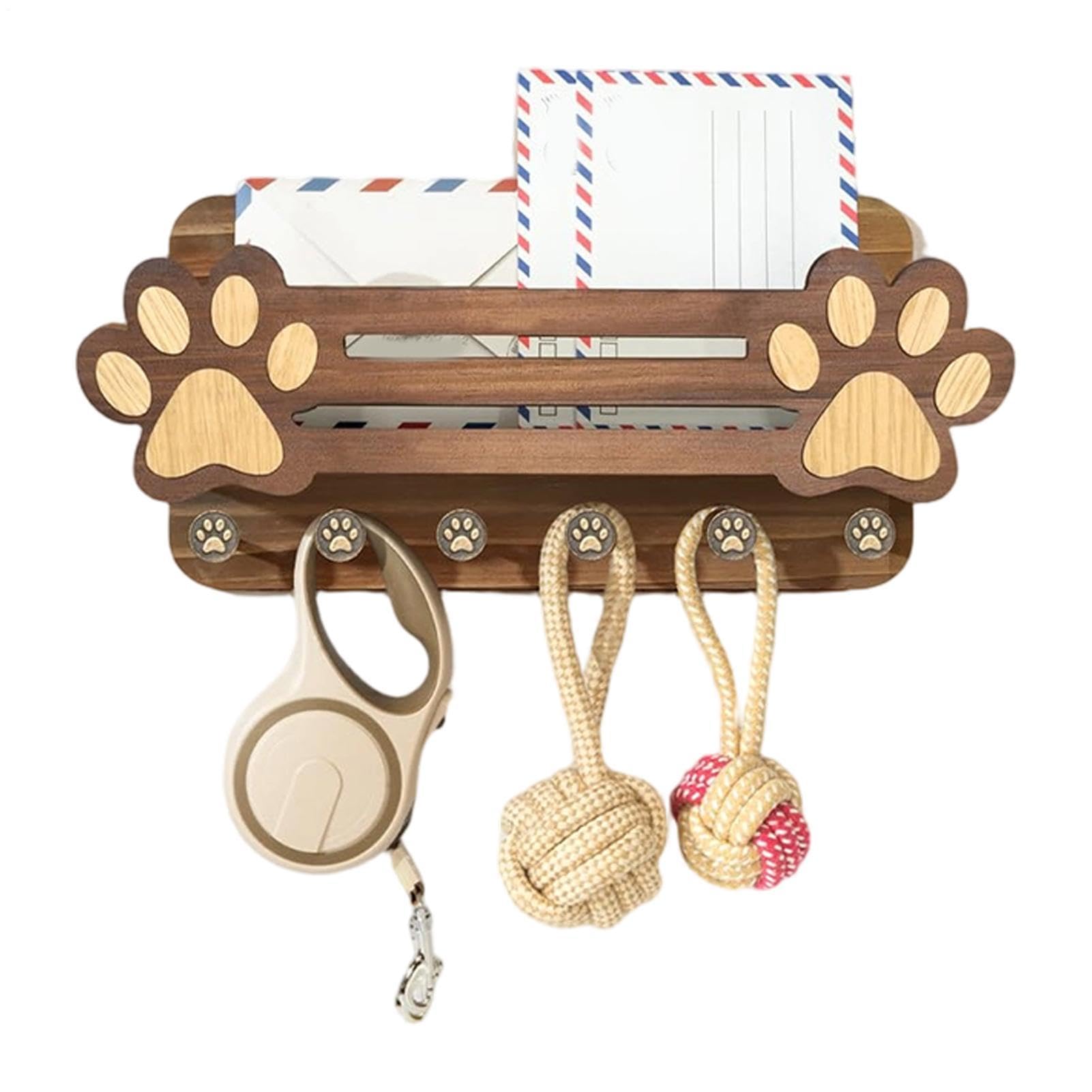 Soporte para correas de perro de madera flotante de 33x19 cm con 6 ganchos para llaves de pared