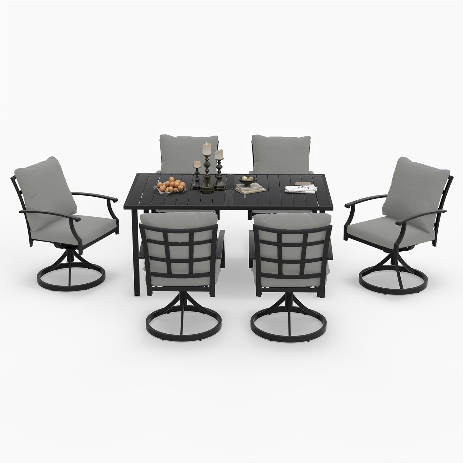 HAPPATIO 7-Piece Patio Dining Set, Outdoor Dining Set with Powder-Coated Metal,Dining Table with Umbrella Hole, 6 Swivel Chairs with Removable Cushions for Porch Poolside Garden,Grey