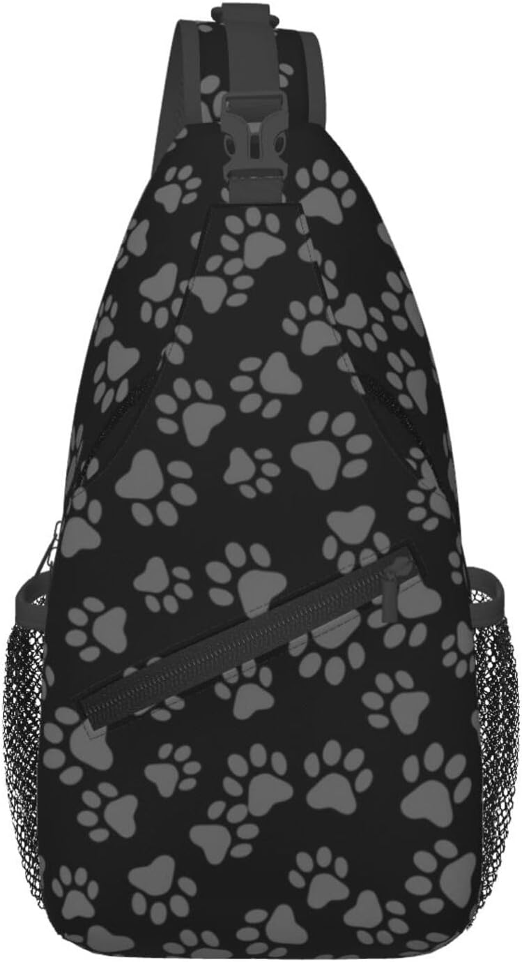 SURERUIM Paw Print Sling Bag Grey Dog Paws Puppy Footprint on Black Background Crossbody Backpack Cute Animal Claws Pattern Chest Shoulder Bag Casual Gym Sports Travel Hiking Daypack for Women Men