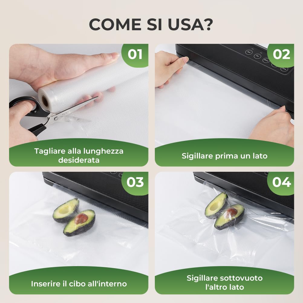 Sacchetti Sottovuoto Alimenti 6 Rotoli 20/28x600cm, Goffrato Sacchetti Sottovuoto per Macchina Sottovuoto e Cottura Sous Vide, Senza BPA