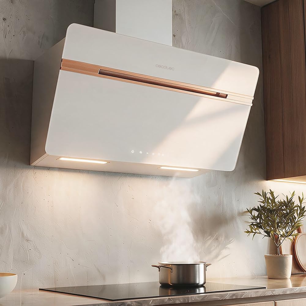 Cecotec Okap dekoracyjny 60 cm Bolero Flux DT 607500 Matt White A+++. Matowe i błyszczące szkło z miedzianymi detalami, ssanie 717,2 m³/h, funkcja wzmacniacza, filtry aluminiowe, klasa A+++