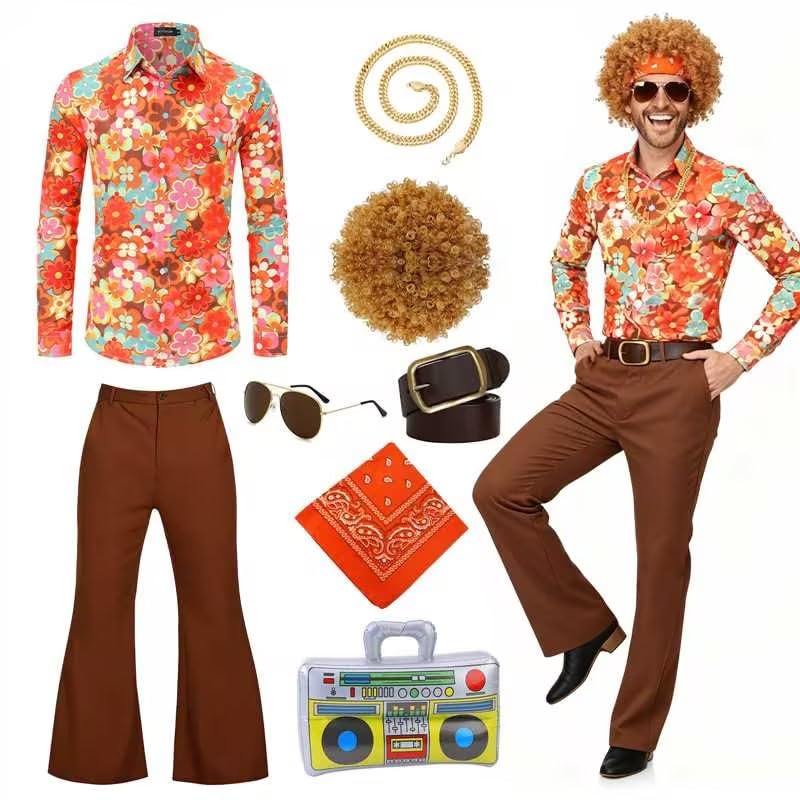 Disfarce de discoteca dos anos 70, conjunto de 8 peças de fantasia hippie para homem, fantasia dos anos 70 com camisa, calças rodadas, peruca, rádio insuflável e acessórios de discoteca para