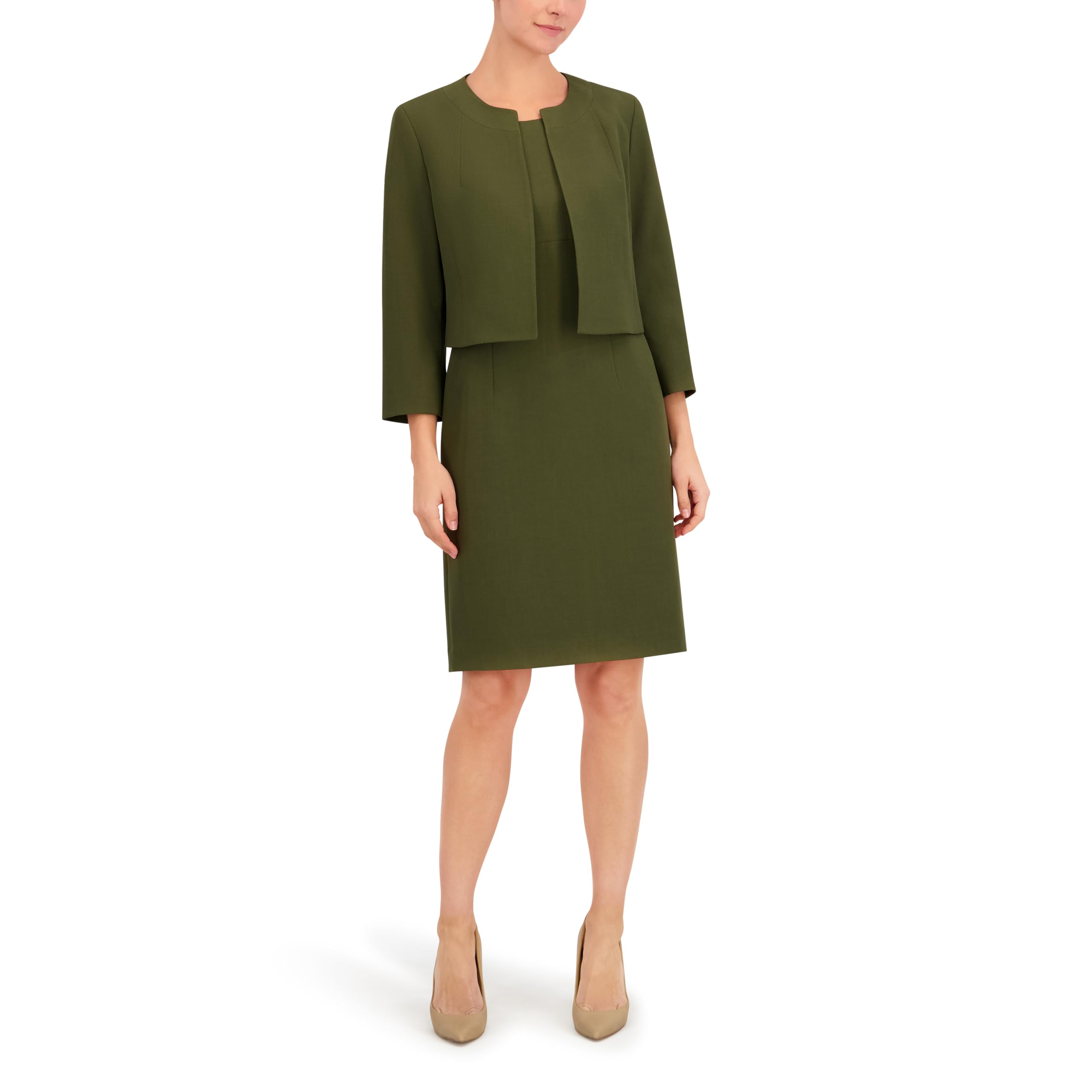Le Suit Womens Open Jacket with Slit Sleeves Empire Waist Seamed Dress 2pc Set Hunter