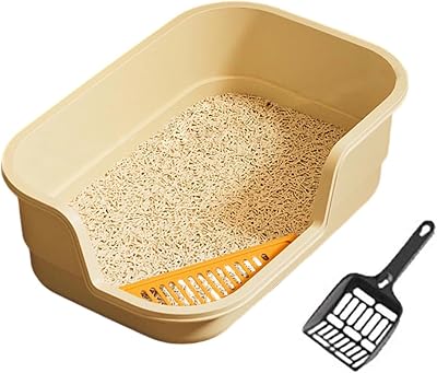 Semi Enclosed Cat Litter Box with High Sides, Low Entry Senior Litters Pen for Senior Cats, Durable Plastic Easy Clean Extra Large Cats Litter with Scoop for Indoor Pet Potty (Khaki)