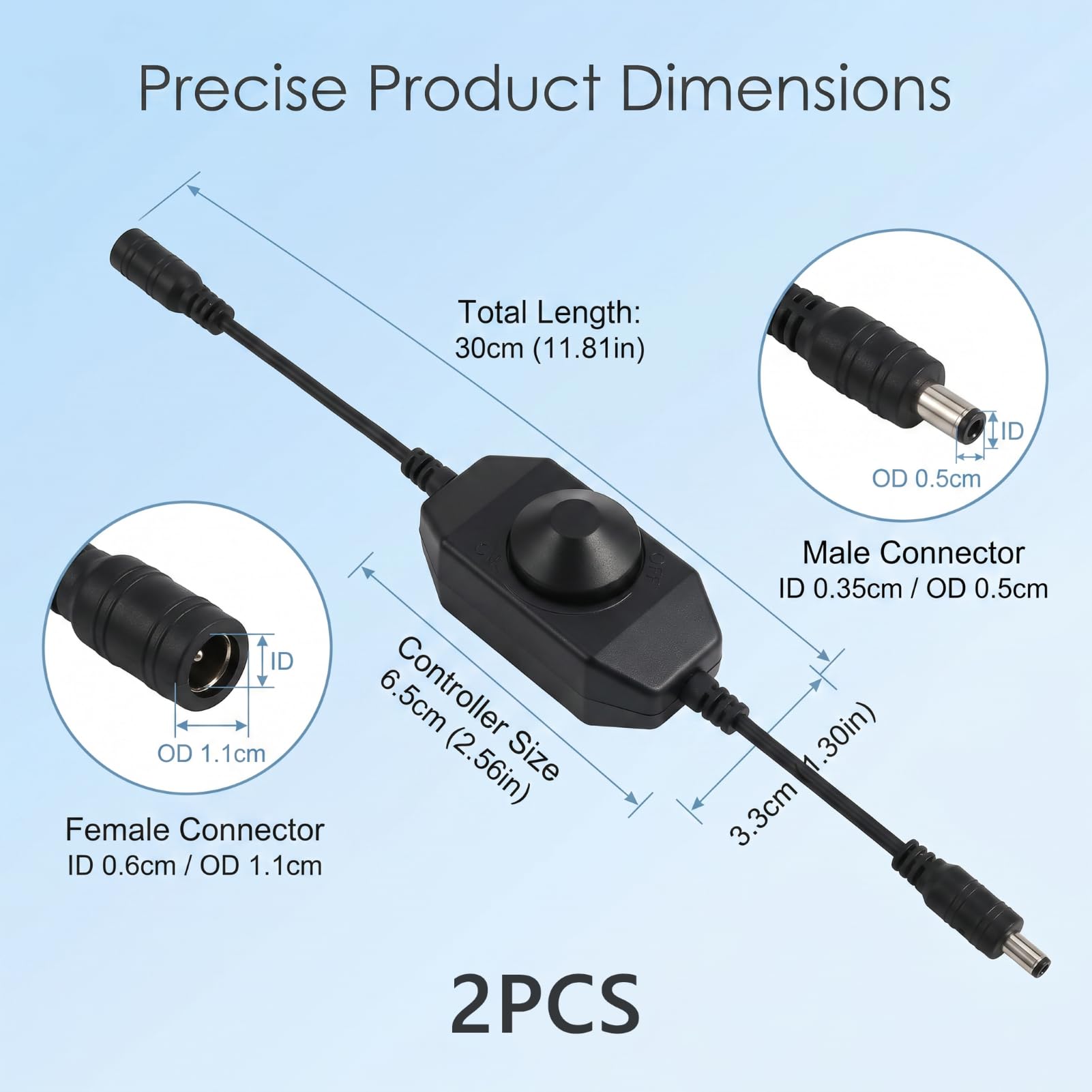 2 Stück LED-Dimmer DC 12 V 24 V, Dimmer LED, 12 V, 24 V, PWM, drehbarer Lichtstärkeregler mit Schalter, Linie für einfarbige LED-Streifen, 3528 5050 5630, Lichterkette und Beleuchtung