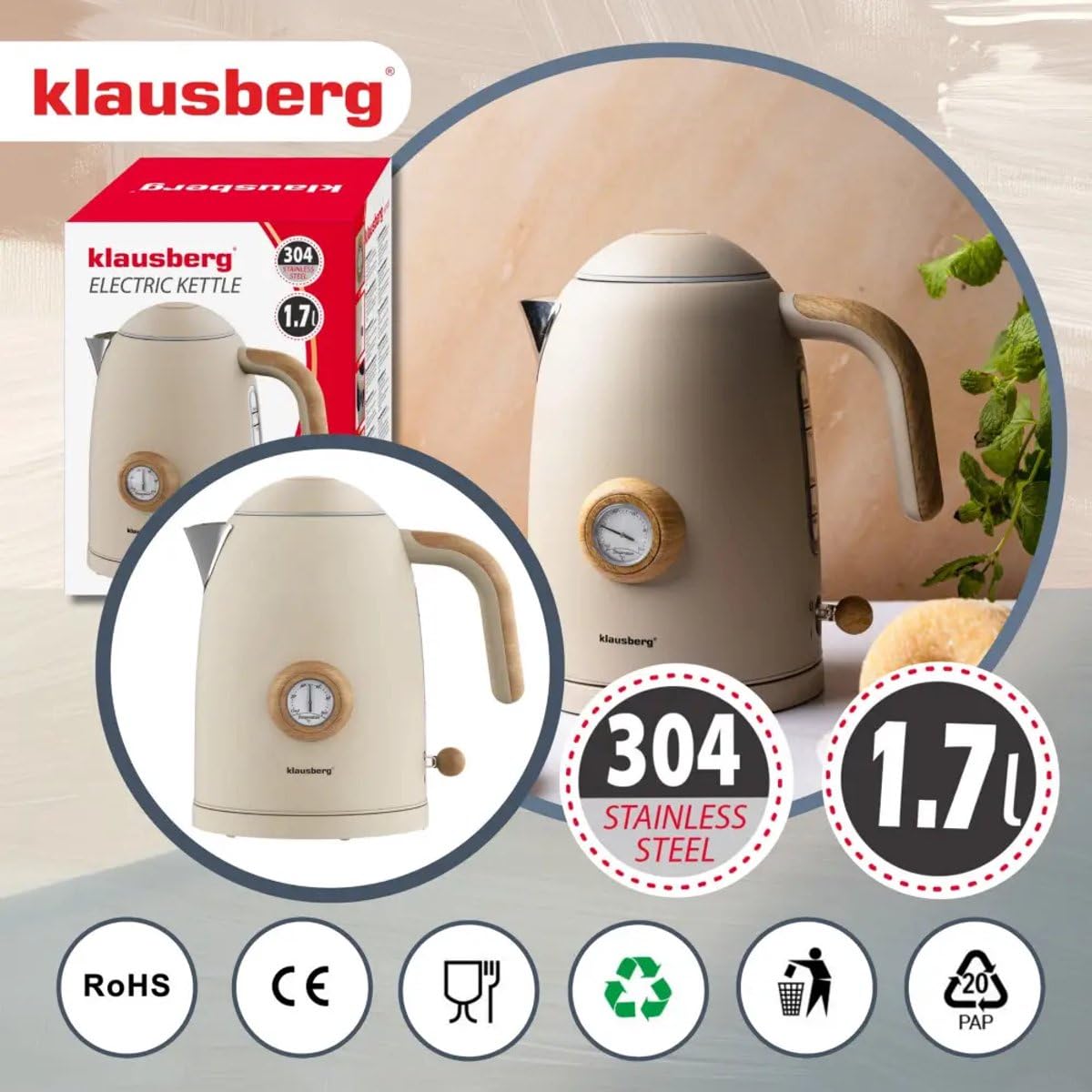 Klausberg Retro czajnik elektryczny z termometrem, 1,7 l, beżowy, stal nierdzewna 304, 220-240 V, 2200 W