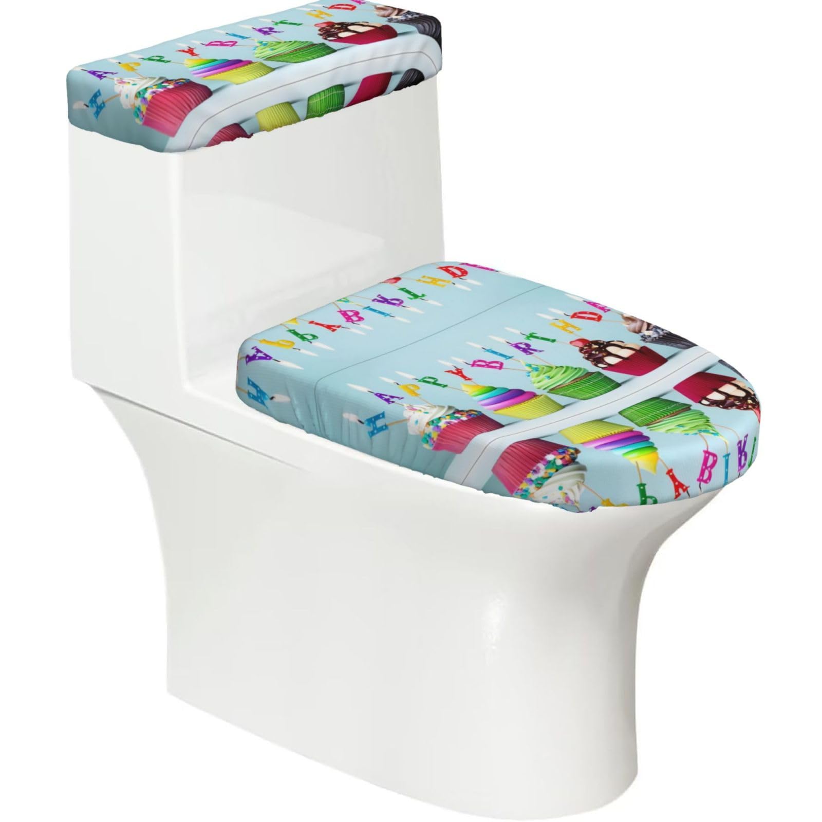 Mrowyc Black Colorful Happy Birthday Cupcakes Printed Toilet Seat Set - Set Of 2 - Universal Toilet Seat Cover - Housewarming Birthday Christmas Gift