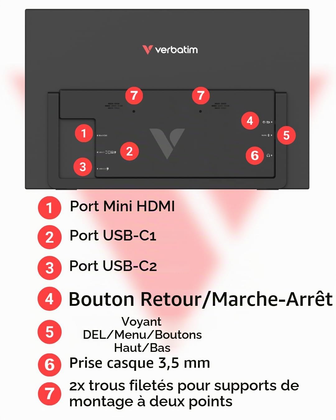 Verbatim Moniteur Portable, écran Mobile Full HD 15,6", Moniteur Portable en Plastique pour Ordinateur Portable, Tablette, Smartphone, PS5 ou Nintendo Switch avec Ports USB-A, USB-C et HDMI, Noir